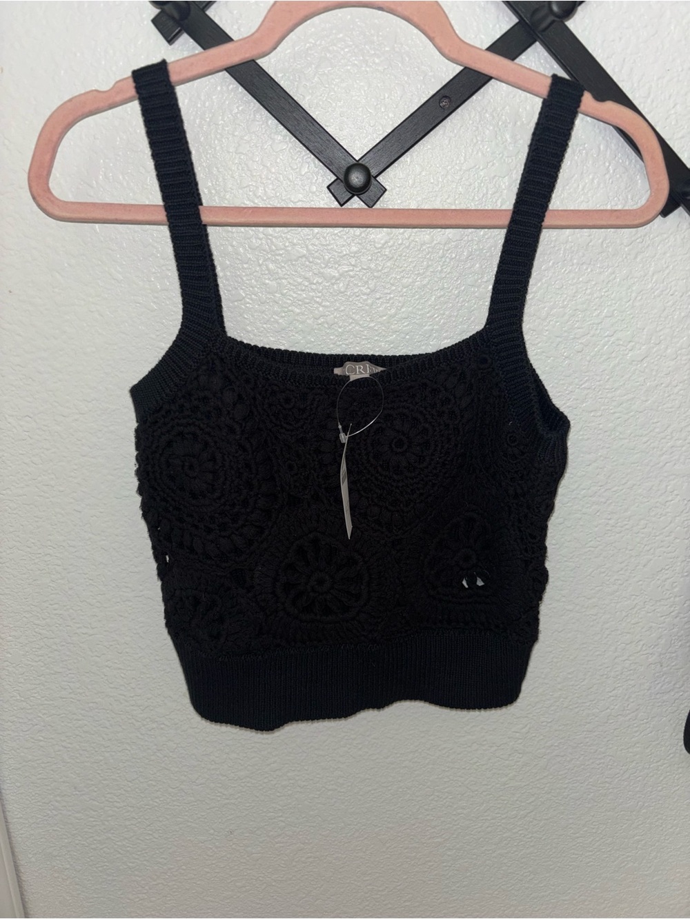 J.Crew Black Crochet Knit Crop Tank Top Boho Floral NWT Medium - Picture 3 of 5